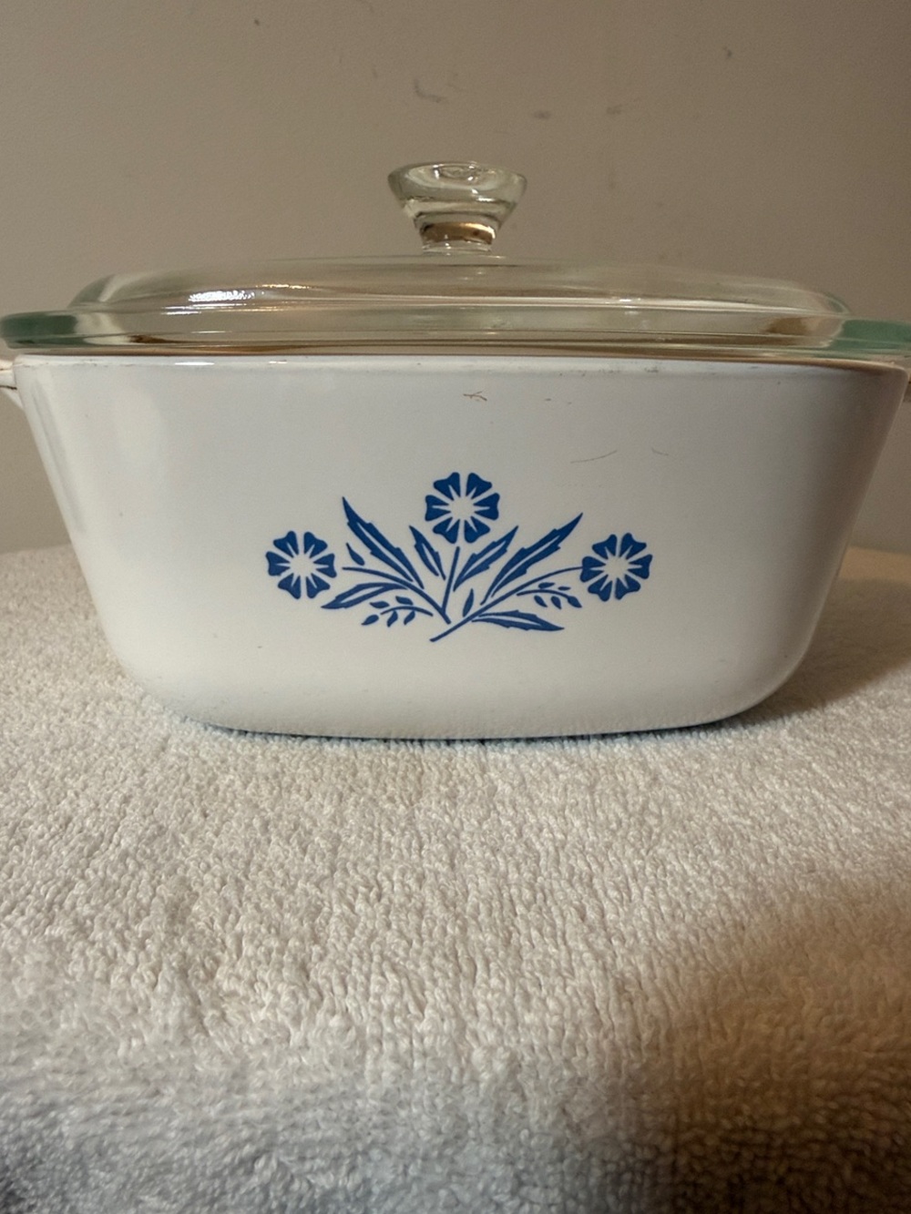 Vintage Corning ware White Casserole Dish with iconic Blue Floral Design